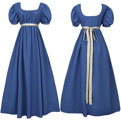 NOAFUNZO Vestidos vintage medievales, vestido victoriano renacentista para mujer, manga corta, cintura alta, disfraz de cosplay para graduación, fiesta de Halloween (azul, S)