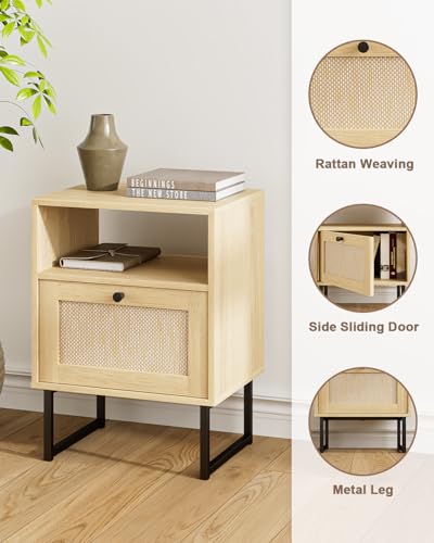 Image of Rattan Nightstand, Boho Night Stand Farmhouse Wood Bedside Table with Storage and Open Shelf, End Side Accent Table for Bedroom,Living Room,Oak