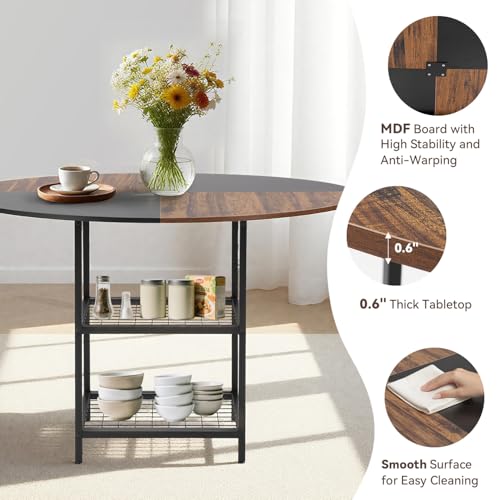 EROMMY Round Dining Table for 4, 47\" Wood Kitchen Table with Storage Shelves, Farmhouse Dinner Table for Home Dining Room Kitchen Living Room, Black Rustic Brown