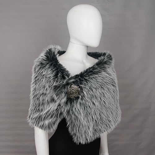 L'VOW Women Viking Faux Fur Shawl and Wrap Fur Stole with Medieval Brooch Fur Collar for LARP GoT Warrior Costume Accessories4