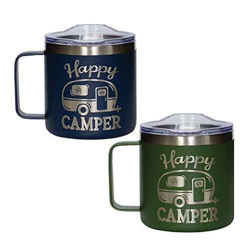 Happy Camper Stainless Steel Insulated Camping Mug with Lid and Handle - Set of 2 Oversize Camping Mugs for Campfire Travel Backpacking and other Outdoor Adventure - Camping Gifts Happy Camper Stainless Steel Insulated Camping Mug with Lid and Handle - Set of 2 Oversize Camping Mugs for Campfire Travel Backpacking and other Outdoor Adventure - Camping Gifts