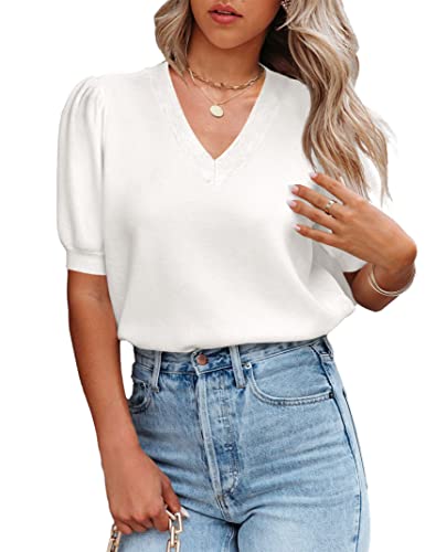 Image of Womens Puff Short Sleeve Sweater Tops Crewneck Basic Knit Pullover Lightweight Solid Casual Sweaters