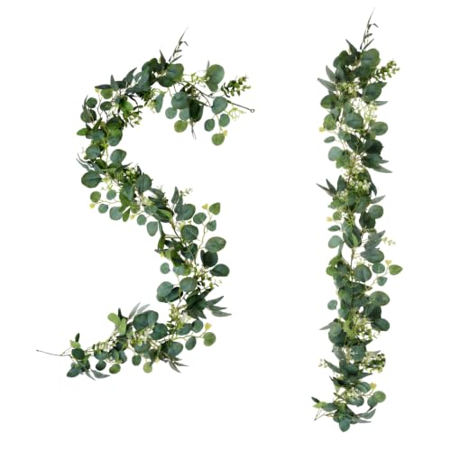 2 Pack 6 FEET Artificial Eucalyptus Garland Faux Silk Leaf Silver Dollar Eucalyptus Leaves Vines Handmade Garland Greenery Wedding Backdrop Indoor Outdoor Decoration