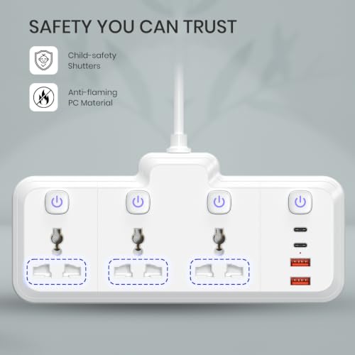 Image of Portronics Power Plate Prime 7-in-1 2500W Power Extender, 3 Universal Sockets & 4 USB Ports, Individual Switches, 180 Flexible Cord, Child Safety Shutters, for Home, Office, Laptops