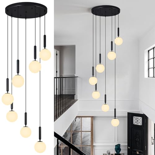 Image of 7-Lights Black Chandelier with Milk White Glass Hanging Fixture Light