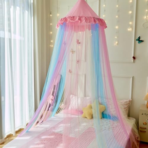 Image of Pink Rainbow Bed Canopy Twin Size Breathable Canopy Bed Curtain for Bed,Princess Play Tent for Girls Bedroom Decoration Reading Nook