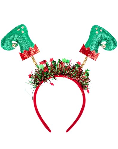 IKOLA Glitter Christmas Headband with Santa Boots & Jingle Bells, Holiday Headwear for Christmas Party, Family Photos, Xmas Tree Decoration, Festive Costume Accessories, Christmas Costume Props Decor