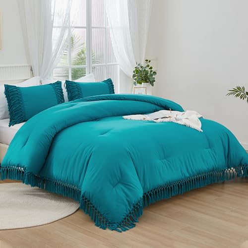 Image of Andency Turquoise Comforter Set Queen, 3 Pieces Boho Tassel Lightweight Soft Bedding Comforter Sets, All Season Fluffy Fringe Bed Set (90x90In Comforter & 2 Pillowcases)