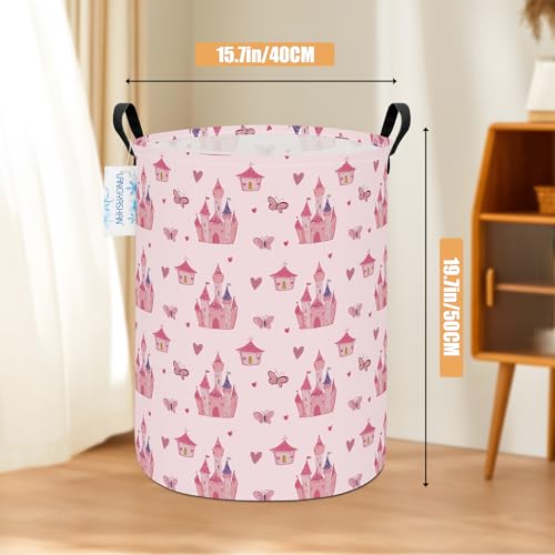 Image of Round Laundry Basket Collapsible Storage Hamper Pink Castle | Waterproof Canvas Foldable Baskets with sturdy Handles Multi-scene Organizer for Home Play Bedroom Gift Bin