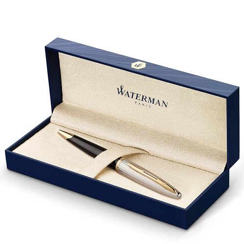 Waterman Carène Deluxe Ballpoint Pen, Gloss Black & Silver Plated with 23k Gold Clip, Medium Point with Blue Ink Cartridge, Gift Box