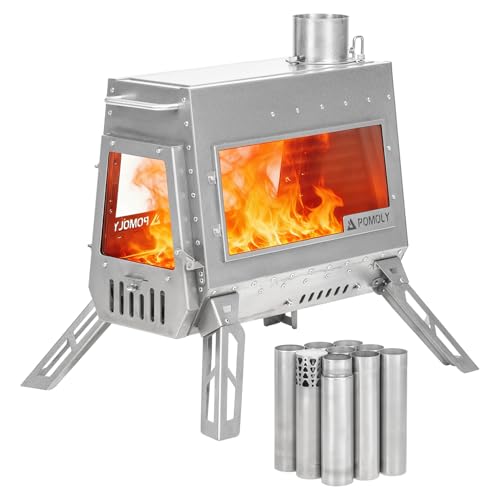 POMOLY Camping Wood Stove Tent Stove, Dagger Ti Titanium Wood Burning Stove with Chimney Pipe for Hiking, Cooking