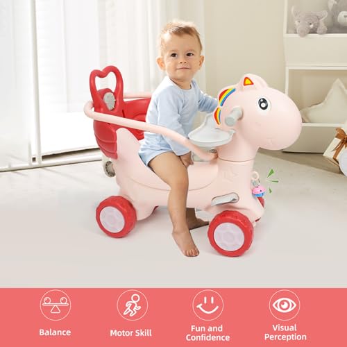 4 in 1 Rocking Horse Ages 1-3, Baby Rocking Toy Gift for Toddlers 1-3 Years Old, Balance Bike Ride On Toys with Push Handle, Backrest and Balance Board for Girl and Boy, Kids Riding Birthday (Pink) - Thumbnail 5