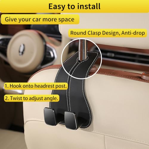 Image of WEIHAO Wide Purse Hook for Car, Twin Hook Leather Car Headrest Hangers, Car Seat Back Storage Hook, Headrest Hooks Purse Bag Holder for Car Universal Fit Sedan Trucks SUVs Most Vehicles (Black-4PCS)