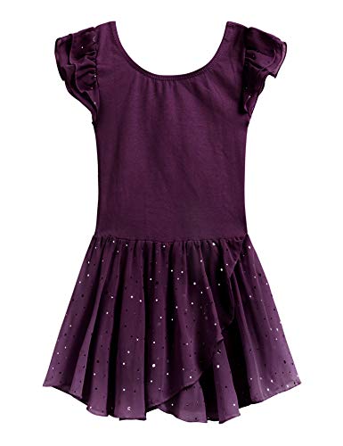 Foto von trudge Kinder Ballettkleidung Mädchen Ballettkleid Kurzarm Balletttrikot Ballettanzug Tanzkleid Tanzbody aus Baumwolle mit Chiffon Rock Tütü lila 140