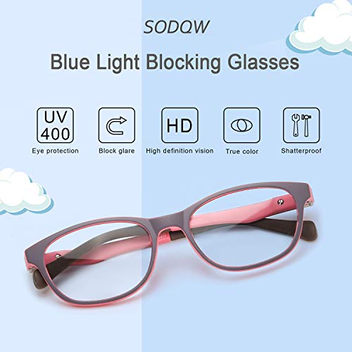 SODQW Kids Blue Light Blocking Glasses, Computer Gaming TV Phone Glasses for Boys Girls Age 3-12, Anti Eyestrain & UV Protection (Grey and Pink Frame/Blue Light Glasses) - Thumbnail 2