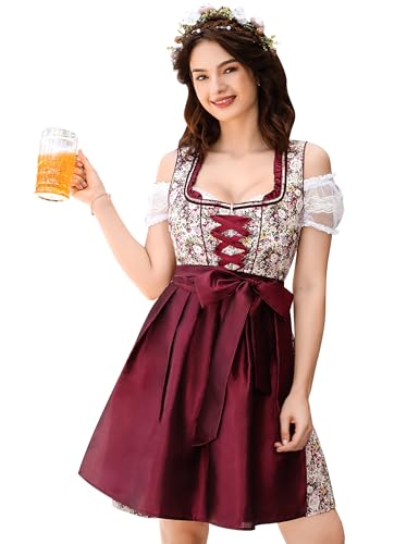 GloryStar Women's German Dirndl Dress Traditional Bavarian Beer Garden 3 Pieces Oktoberfest Costumes Summer Red XL