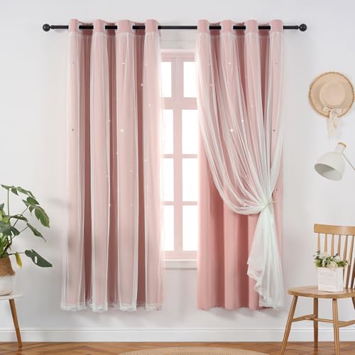 Image of Light Pink Curtains Drapes Blackout Nursery 45 Inch Length Cute Star Cutout | Girls Room Darkening Double Layer Curtain Tulle Lace 2 Panels Thermal Insulate Bedroom Short Window Treatments Cortinas Blush