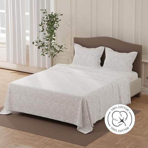 Image of Layers 100% Cotton Bedsheet for Double Size Bed | Lumina Floret Collection | 144 TC Soft & Breathable | Floral Print with 2 Pillow Covers | Wrinkle Free | 3 Piece Bedding Set - White & Brown