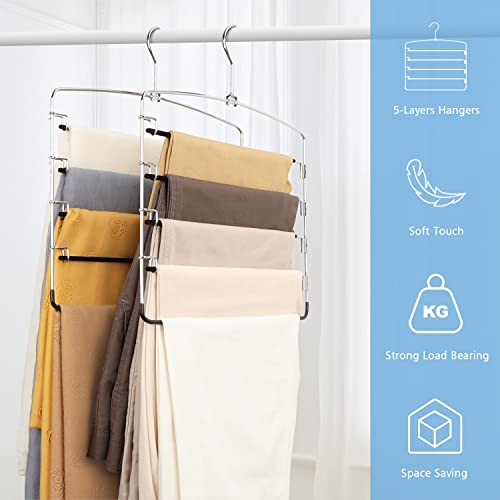 Space Saving Pants Hangers 2 Packs Non-Slip Stainless Steel Velvet Clothes Hanger, Pant Hanger Space Saving Trousers Scarves Ties Hanger Closet Storage Organizer #TOP6