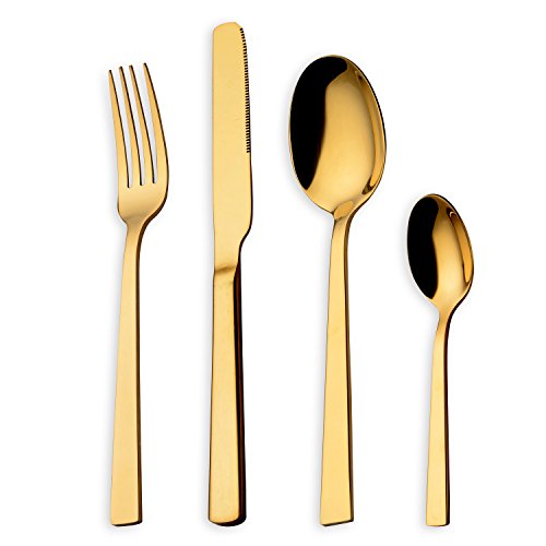 HOMQUEN Juego de Cubiertos 24 Piezas Juego de Platos con Titanio Dorado, Juego de Cubiertos de Acero Inoxidable 18/10,...