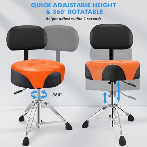 UPELLA Pro Drum Stool with Backrest, Heavy Duty Hydraulic Drum Throne, Velvet-Covered Ergonomic Memory Foam Drum Seat, Adjustable Drum Chair Anti-Slip Base, Drum Saddle Bench (Orange W/Backrest) by UPELLA - Used condition - Image 2