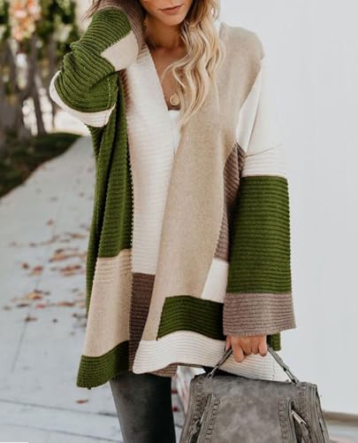 Image of chouyatou Women's Fall Geometric Color Block Open Front Cardigan Sweater Elegant Casual Oversized Coatigan Coat