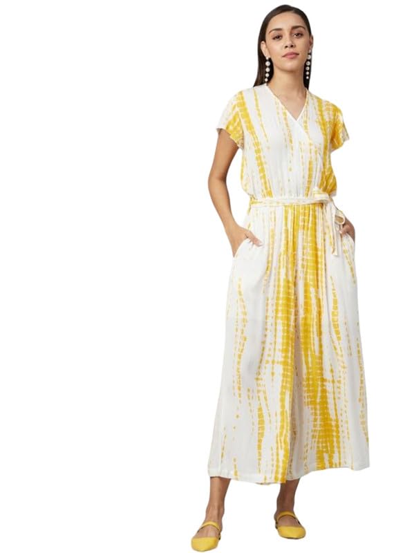 Tomar CreationWomen's Rayon Striped Short Sleeve Jumpsuit (Yellow - White, S)-PID61804-image-3