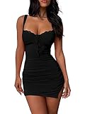 OPOIPIN Women's Sexy Lace Trim Sweetheart Neck Ruched Bodycon Sleeveless Slip Hem Tank Mini Dress Black Medium