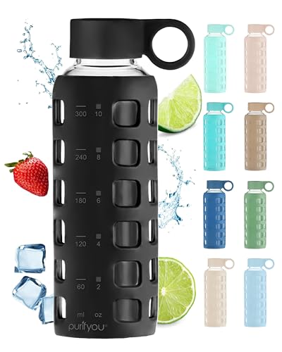 purifyou 40oz / 32oz / 22oz / 12oz Borosilicate Glass Water Bottle with Time & Volume Markers, Silicone Sleeve, Stainless Steel Lid | Reusable Glass Bottle for Water & Juice (12oz Jet Black)