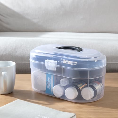 Image of MyGift 11 x 7 Inch Clear Plastic Arts & Crafts Storage Case, Round Portable Container with Black Top Handle and Removable Tray for First Aid Kit or Sewing Supplies