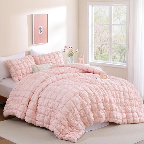 Image of JANZAA Full Size Comforter Sets, Blush Pink Comforter with Puff Plaid Fluffy Comforter Set, Cloud-Like Soft Cozy Bedding Set, Lightweight Warm Bedroom Decor for All Season with 2 Pillowcases