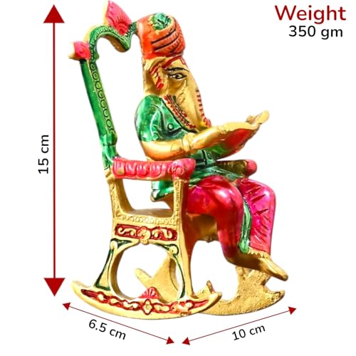 Image of KridayKraft Metal Chair Ganesh ji Reading Book with Meenakari Work,Ganesha Metal Statue for Pooja & Home, Office Decor, Car Dashboard Religious Showpiece for Decoration & Gifting Article