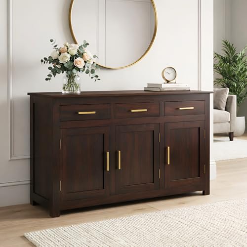 Image of SONA Art & Crafts Solid Sheesham Wood Sideboard Cabinet Storage Organizer for Home Kitchen Living Room & Bedroom Multi Shelves Hallway Dining Room Walnut Finish 145x45x90 CM