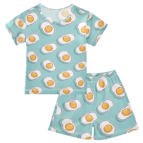ALAZA Fried Egg Blue Pajamas Set Short Sleeve Cotton Sleepwear Summer Pjs 2 Piece 5-14Y