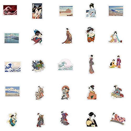 Ukiyoe Stickers| Japanese Ukiyo-e Wave Waterproof Vinyl Stickers for Water Bottles Bicycle Laptop Refrigerator Luggage Computer Mobile Phone Skateboard Bike Decals (50 Pcs)