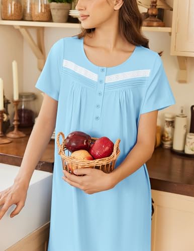 Image of Ekouaer Nightgown for Women Cotton Long Night Gown Short Sleeve Nightdress with Pockets Button Sleepshirt Soft Sleepwear