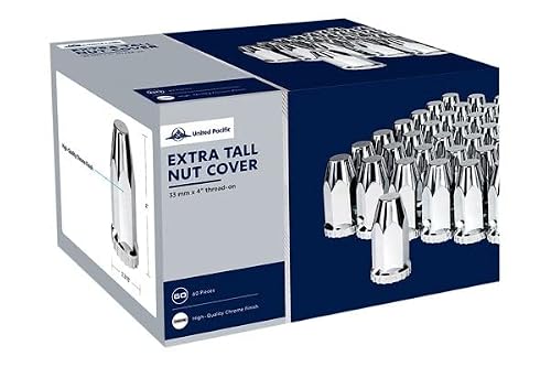 United Pacific 10572CB Wheel Lug Nut Cover Set, 33mm x 4\", Chrome, Plastic, Extra Tall, with Flange, Thread-On