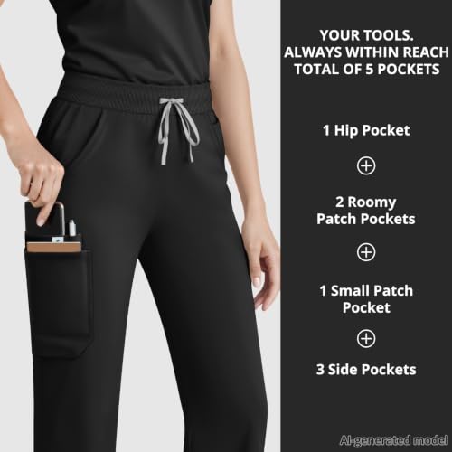 Image of Women's 7-Pocket Scrub Pants - Straight Leg, Mid-Rise, Drawstring | Soft stretch knit Mid-rise drawstring Side slits Wrinkle-resistant Machine washable For nurses /doctors /vets