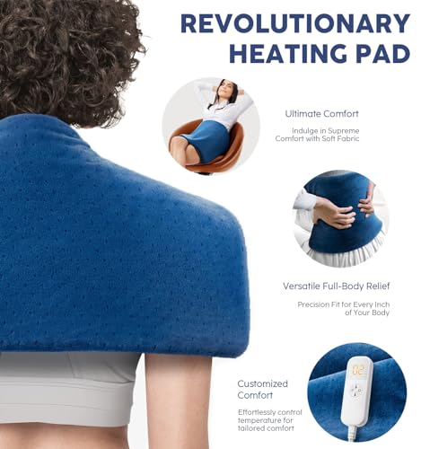 Electric Heating Pad for Back Pain & Cramps - Gifts for Women, Men, Mom, Dad, Christmas, Mothers Day, Fathers Day - Soft Machine Wash Fabric, Auto Shut Off, Moist Heat for Neck, Shoulder, 12"x24" Blue - Image 3