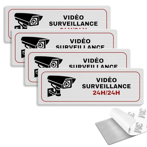 4 Pièces Site Sous VIDÉO SURVEILLANCE Panneau Adhesif, Panneau caméra Aluminium Brossé Alarme Adhésif Propriété Privée, Avec Autocollant