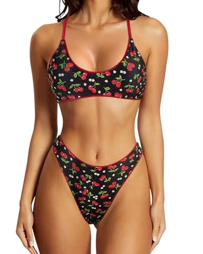 SUUKSESS Women Sexy High Waisted Thong Bikini Sets Reversible String Two Piece Swimsuits Push Up Bathing Suit(Red Cherry,L)