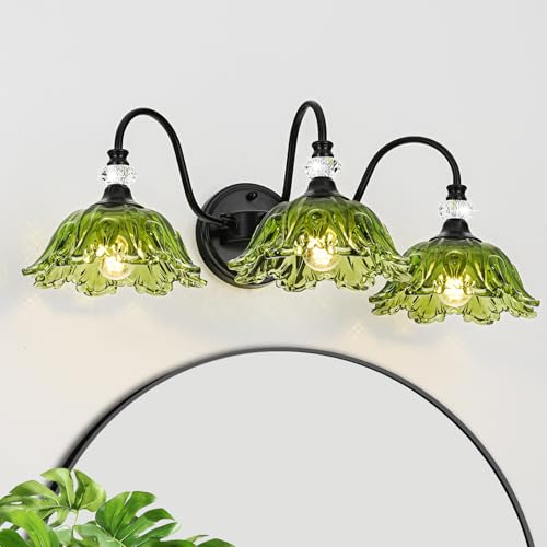 Image of Black Bathroom Vanity Light,3-Light Vanity Light with Floral Green Glass Shades,Vintage Farmhouse Wall Mount Lighting for Bathroom, Dressing Table