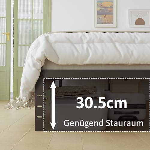 Metallbett 140x200 cm mit Lattenrost, Höhe 36cm Bett 140x200 mit Kopfteil, Metall Bettrahmen mit Großer Stauraum unter dem Bett, Geräuschfrei, Einfacher Aufbau, Schwarz – Bild 5