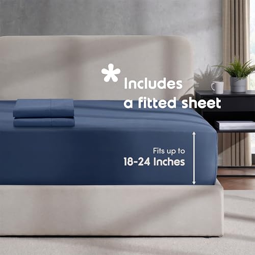 Image of Hearth & Harbor Navy Blue Duvet Cover with Fitted Sheet King Size | 4 Piece Soft Double Brushed Bedding Set, Button Closure, 1 Duvet Cover 104x90 Inches, 1 Fitted Sheet, 2 Pillow Shams