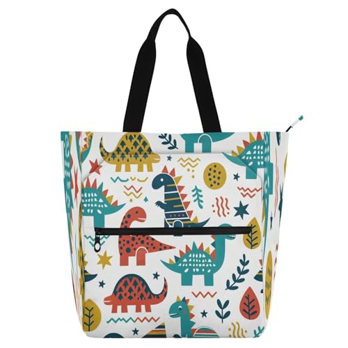 Dinosaur Book Tote Bag,Large Capacity Handbag with Zipper Perfect for School,Travel,Shopping