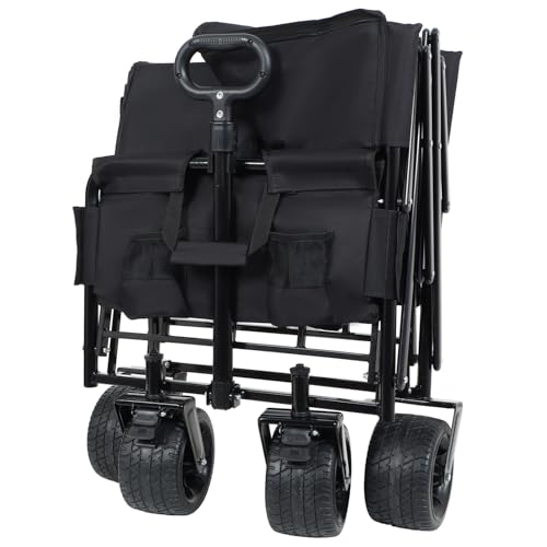 Image of 3-in-1 Convertible Folding Wagon Cart with Bench Seat & Storage - 500lbs Heavy-Duty Utility Wagon, 180L Capacity All-Terrain Wheels for Camping, Beach, Sports, Garden (Black)