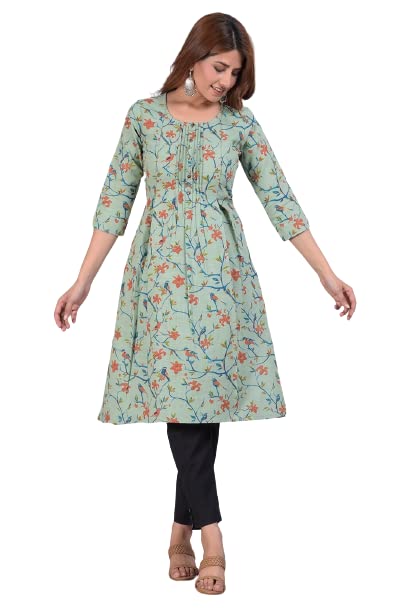Image of Women's Pure Cotton Floral Printed Dark Green Straight Kurti with Pant (67P167KRP)