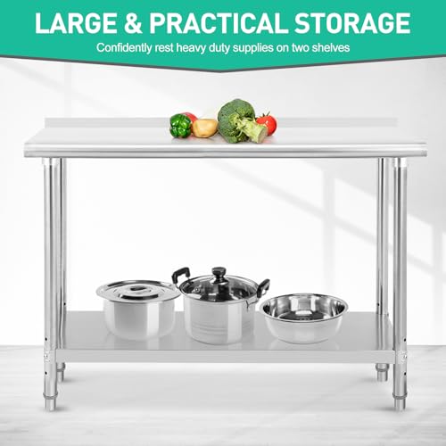 Image of 60x24x35inch Double Layer Stainless Steel Prep Table No Caster Wheels with Backsplash