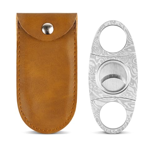GALAMAX Cigar Cutter Silver Grain Damascus Stainless Steels Cigar Cutter Scissors with Pouch Double-Edged Cuban Cigars Cutter Suitable for Most Size of Cigars