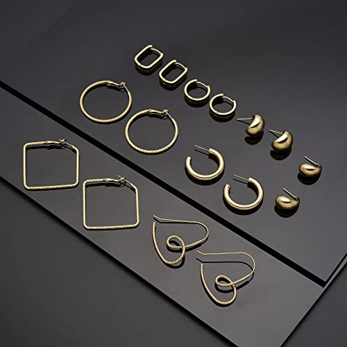 Cuicanstar 8 Pairs Chunky Gold Waterdrop Hoop Earrings Hypoallergenic 14K Gold Thick Teardrop Earrings Big Heart Hoop Earrings U Shape Huggie Earrings Set For Women Girls #TOP2